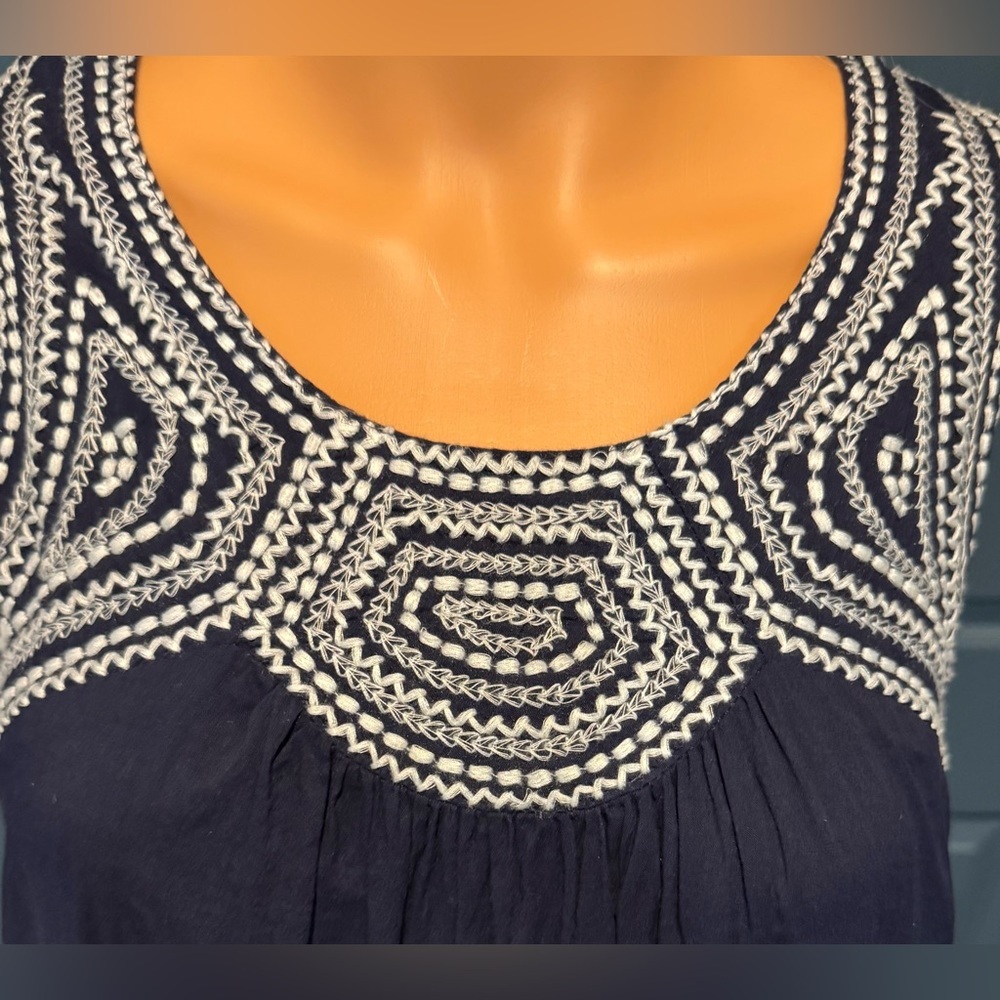 Navy Boho Embroidered Tiered Midi Dress Cotton Sleeveless Size S Klozlyne - Picture 5 of 8